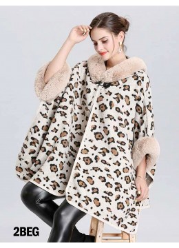 Catalonia Classy Womens Cheetah Faux Fur Collar Poncho Fleece Coat